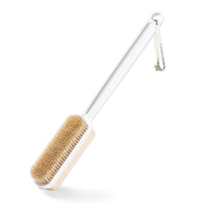 MainBasics Back Scrubber for Shower Long Handle Dual-Sided Brush for Body Wash & Scrubbing with Exfoliating & Soft Bristles (White, Plastic)