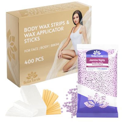 Bella Verde Wooden Wax Applicator Sticks and Non-Woven White Wax Strips - Wooden Waxing Spatulas - Wax Beans 1.76lbs - Made in Italy - Hard Wax Beads for Women and Men