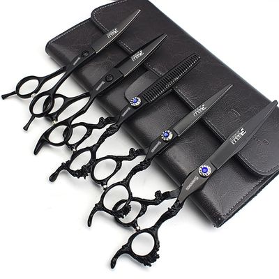 6+7 inch hair stylist barber scissors black plate dragon 440C hairdressing cutting scissors+thinning scissors (5PC)