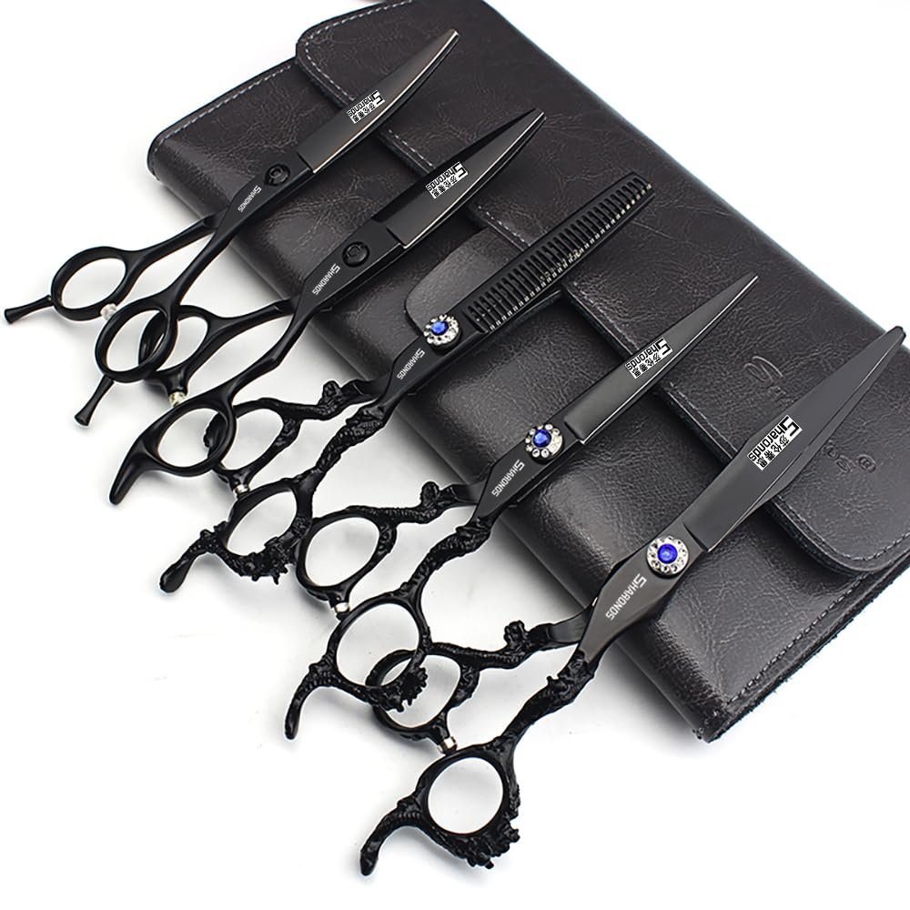 6+7 inch hair stylist barber scissors black plate dragon 440C hairdressing cutting scissors+thinning scissors (5PC)