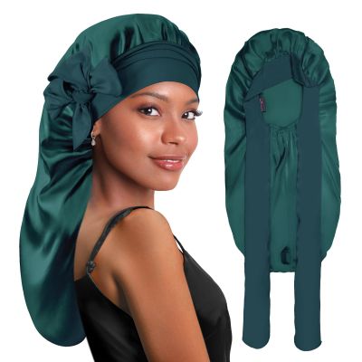 BONNET QUEEN Braid Bonnet Silk Bonnet Foldable Extra Long Wrap for Braids Satin Bonnets with Tie Band Long Sleep Cap, Dark Green
