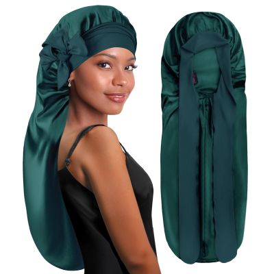 BONNET QUEEN Bonnet for braids Silk Bonnet Extra long satin bonnet For Sleeping Hair Bonnet For Locs With Tie Band Darkish Green