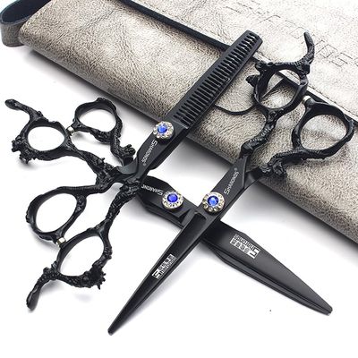 6+7 inch hair stylist barber scissors black plate dragon 440C hairdressing cutting scissors+thinning scissors (3PC)