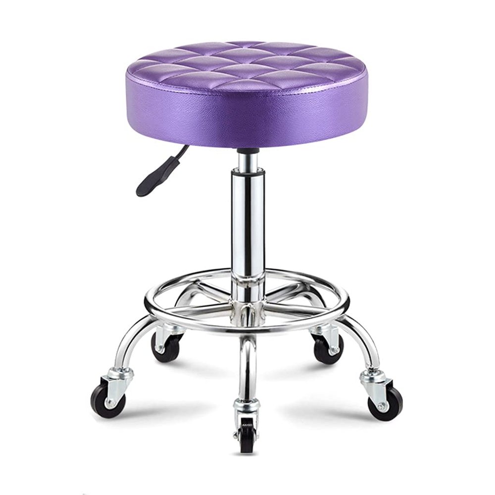 ZHOUXIAO Rolling Swivel Massage Salon Stool with Wheels and Thicker Seat Padding, Adjustable Height PU Leather Bar Stool Office Shop Stool with Footrest SPA Stool Hairdressin Purple