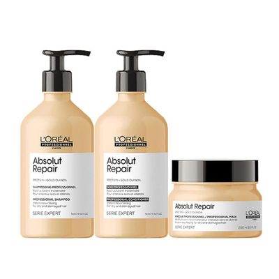 L'Oral Professionnel Paris Absolut Repair Shampoo, Conditioner & Mask Hair Set - Protein Treatment For Dry & Damaged Hair, Repairs Damage & Provides Shine