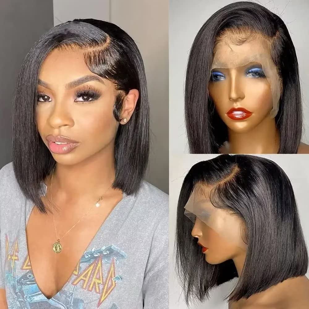 13x6 Brazilian Straight Short Bob Wig HD Transparent Lace Front Human Hair Wigs For Women Pre Plucked With Baby Hair Natural Hailine Glueless Straight Short Wig 150% Density 10Inch