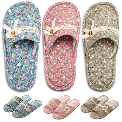 biroris 3 Pairs Floral Cotton House Slippers for Women, Open Toe Indoor Slippers Comfortable Washable Portable Foldable Guest Travel Hotel Airplane Spa Slippers