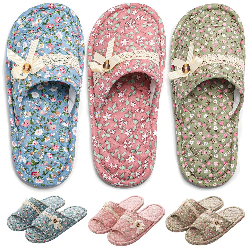 biroris 3 Pairs Floral Cotton House Slippers for Women, Open Toe Indoor Slippers Comfortable Washable Portable Foldable Guest Travel Hotel Airplane Spa Slippers