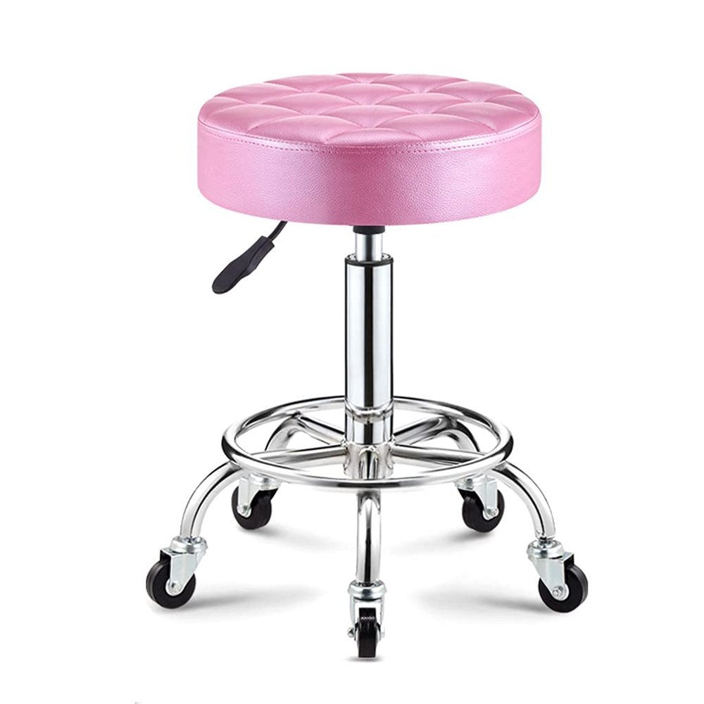 ZHOUXIAO Rolling Swivel Massage Salon Stool with Wheels and Thicker Seat Padding, Adjustable Height PU Leather Bar Stool Office Shop Stool with Footrest SPA Stool Hairdressin Pink
