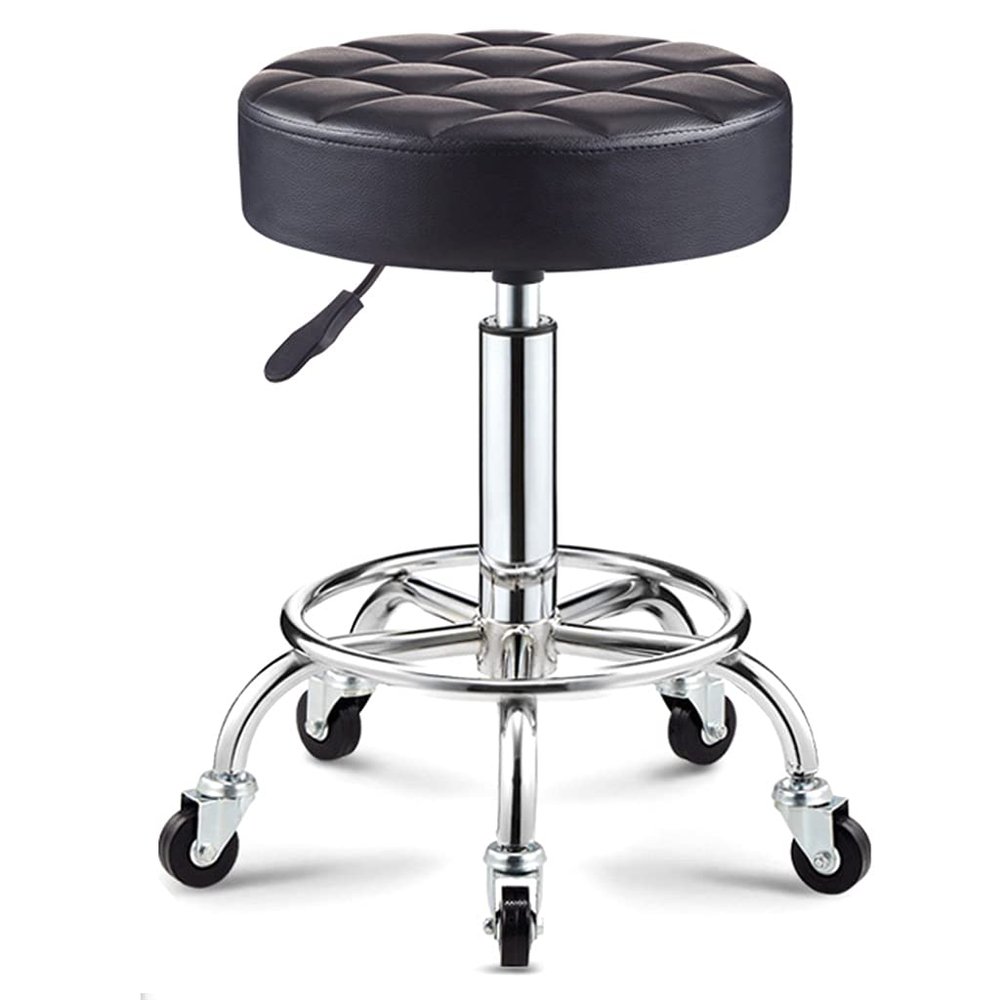 ZHOUXIAO Rolling Swivel Massage Salon Stool with Wheels and Thicker Seat Padding, Adjustable Height PU Leather Bar Stool Office Shop Stool with Footrest SPA Stool Hairdressin Black