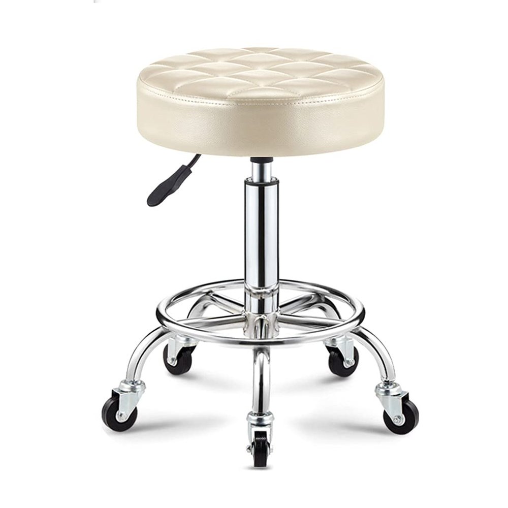 ZHOUXIAO Rolling Swivel Massage Salon Stool with Wheels and Thicker Seat Padding, Adjustable Height PU Leather Bar Stool Office Shop Stool with Footrest SPA Stool Hairdressin White