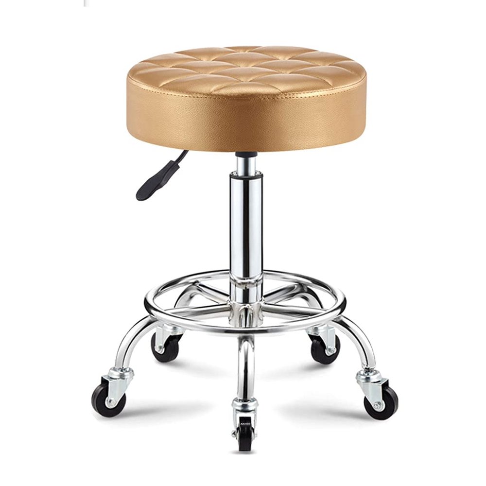 ZHOUXIAO Rolling Swivel Massage Salon Stool with Wheels and Thicker Seat Padding, Adjustable Height PU Leather Bar Stool Office Shop Stool with Footrest SPA Stool Hairdressin Gold