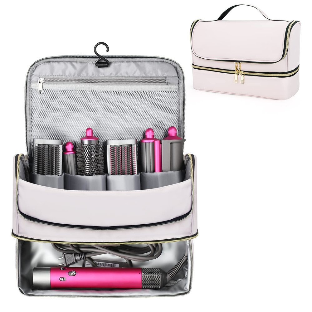 Double-Layer Travel Case for Dyson Airwrap, Shark Flexstyle Travel Carrying Case, Waterproof Portable Storage Bag for Dyson & Shark Hair Dryer/Styler/Airwrap/Attachments, Gift for Women (Pink)