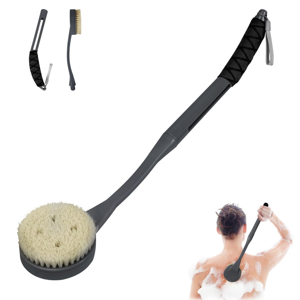 Back Brush Long Handle for Shower, 20.5 Bath Brush, Back Scrubber, Shower Body Brush with Curved Handle for Elderly Disabled, Limited Mobility, Frozen Shoulder,Men and Women