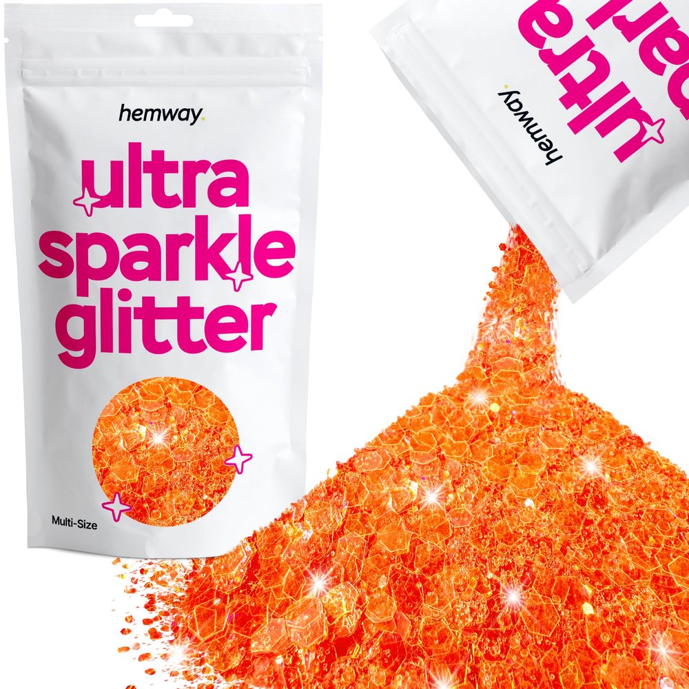 Hemway Ultra Sparkle Glitter - Fluorescent Peach | 100g Multi Size Metallic Flakes for Resin & Epoxy Crafts | Supplies for Tumblers, Festival, Art, Decoration