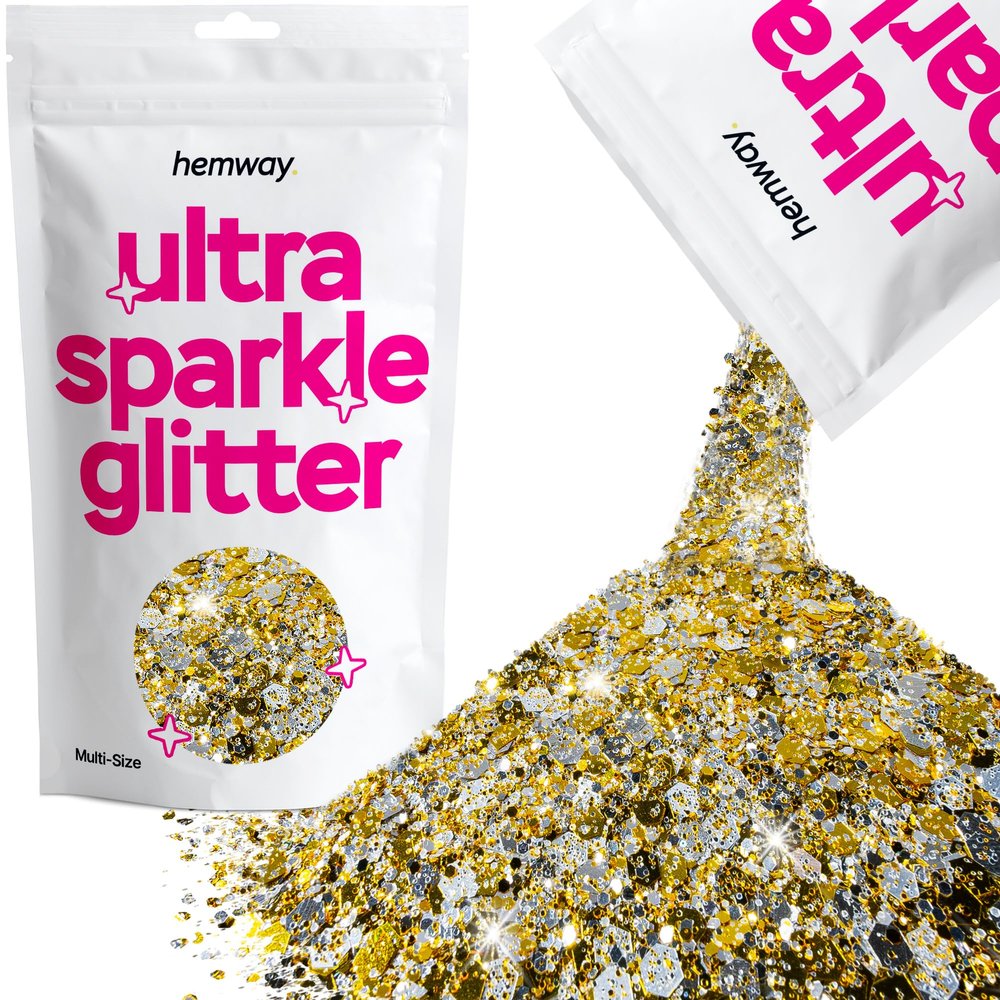 Hemway Ultra Sparkle Glitter - Gold Silver | 100g Multi Size Metallic Flakes for Resin & Epoxy Crafts | Supplies for Tumblers, Festival, Art, Decoration