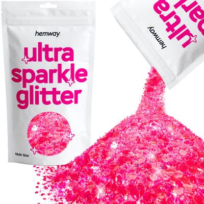 Hemway Ultra Sparkle Glitter - Fluorescent Pink | Multi Size Metallic Flakes for Resin & Epoxy Crafts | Supplies for Tumblers, Festival, Hair, Face, Body, Eye & Nail Art Decoration | 100 g