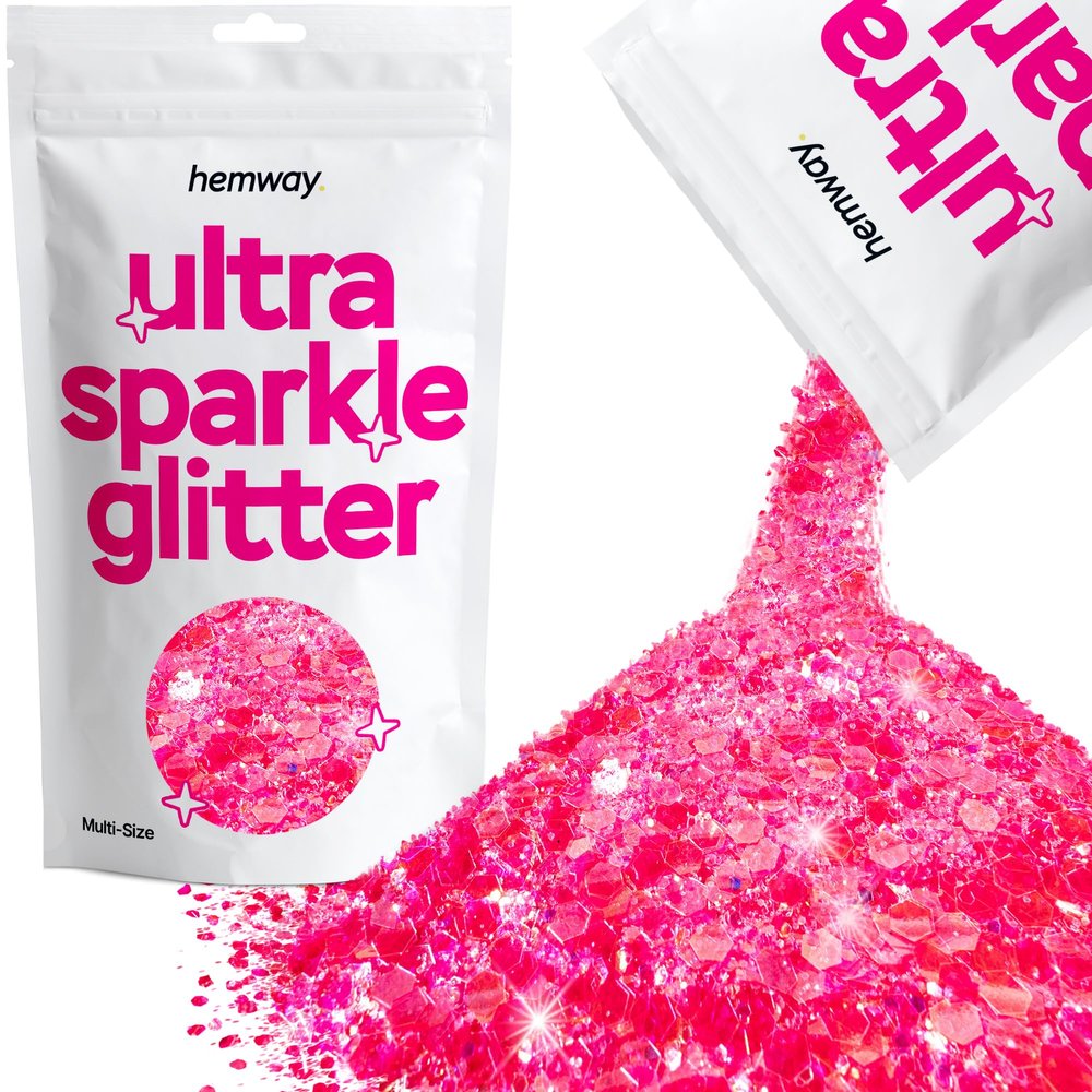 Hemway Ultra Sparkle Glitter - Fluorescent Pink | Multi Size Metallic Flakes for Resin & Epoxy Crafts | Supplies for Tumblers, Festival, Hair, Face, Body, Eye & Nail Art Decoration | 100 g