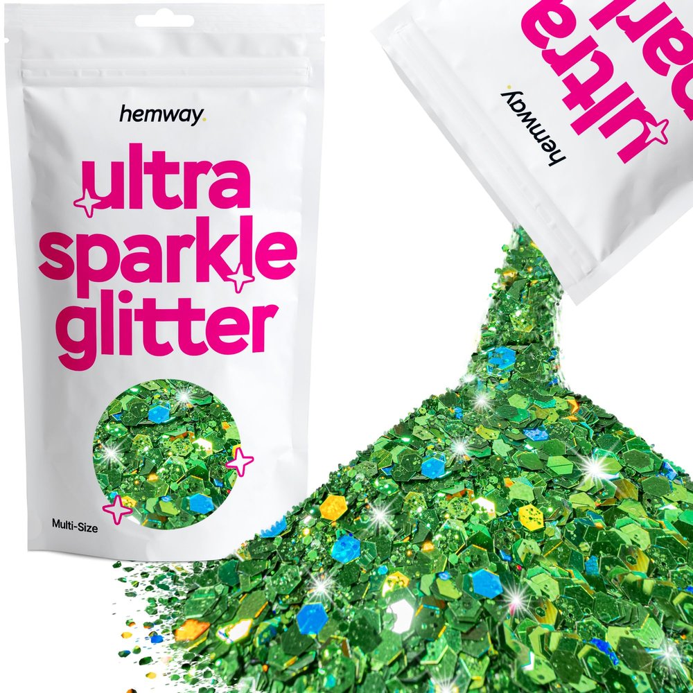 Hemway Ultra Sparkle Glitter - Emerald Green Holographic | 100g Multi Size Metallic Flakes for Resin & Epoxy Crafts | Supplies for Tumblers, Festival, Art, Decoration