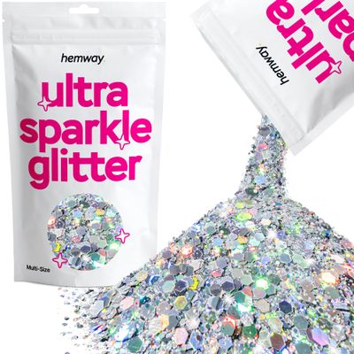 Hemway Ultra Sparkle Glitter - Multi-Size Chunky Fine Cosmetic Glitter Mix for Body Face Hair Eye Nail Art Festival, Crafts for Tumbler Resin Decorations - Silver Holographic - 100g / 3.5oz