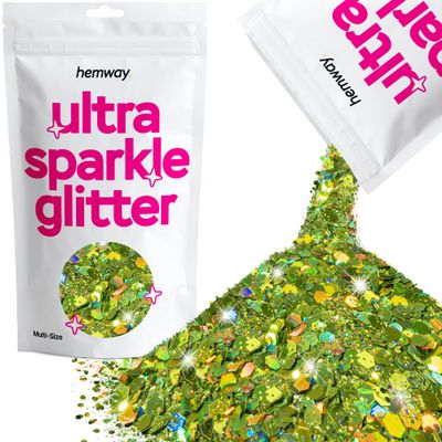 Hemway Ultra Sparkle Glitter - Lime Green Holographic | 100g Multi Size Metallic Flakes for Resin & Epoxy Crafts | Supplies for Halloween Craft and Decorations, Autumn Decor, Masks, Art