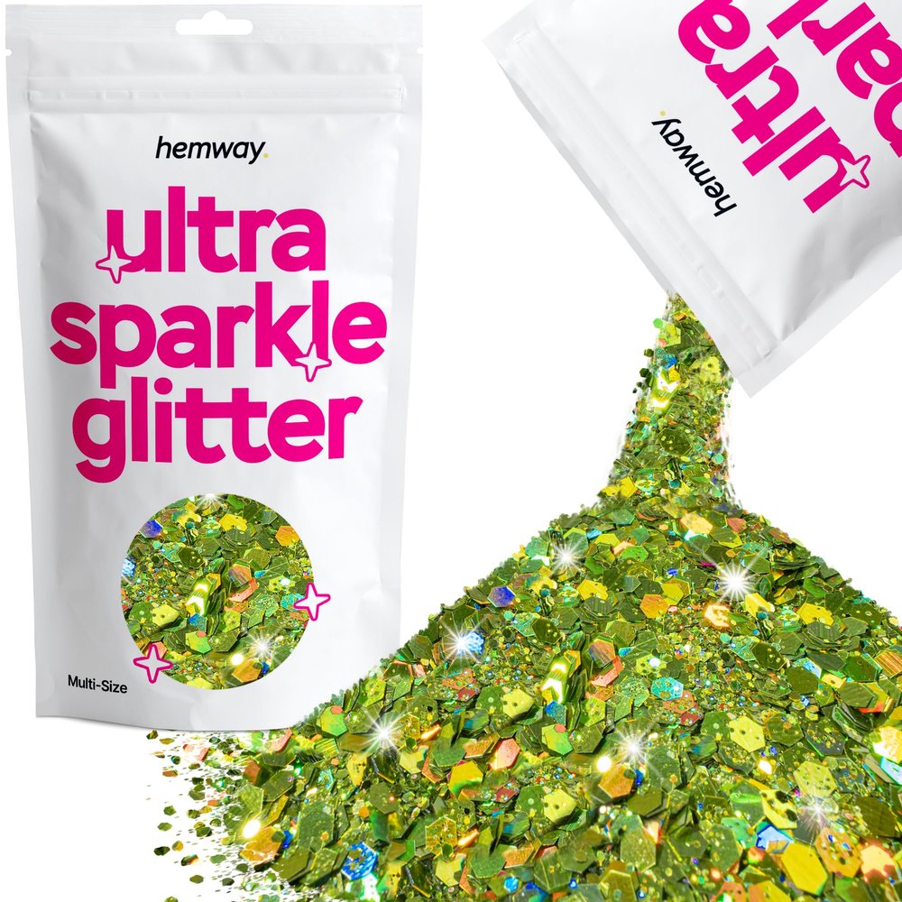 Hemway Ultra Sparkle Glitter - Lime Green Holographic | 100g Multi Size Metallic Flakes for Resin & Epoxy Crafts | Supplies for Halloween Craft and Decorations, Autumn Decor, Masks, Art