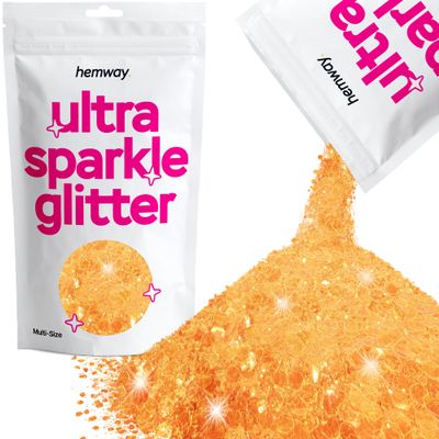 Hemway Ultra Sparkle Glitter - Fluorescent Orange | 100g Multi Size Metallic Flakes for Resin & Epoxy Crafts | Supplies for Halloween Craft and Decorations, Autumn Decor, Masks, Art
