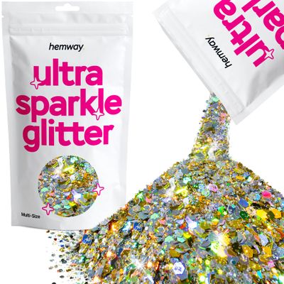 Hemway Ultra Sparkle Glitter - Gold Silver Holographic | 100g Multi Size Metallic Flakes for Resin & Epoxy Crafts | Supplies for Tumblers, Festival, Art, Decoration