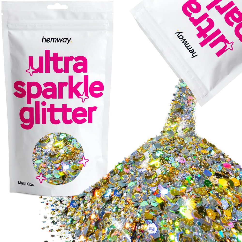 Hemway Ultra Sparkle Glitter - Gold Silver Holographic | 100g Multi Size Metallic Flakes for Resin & Epoxy Crafts | Supplies for Tumblers, Festival, Art, Decoration