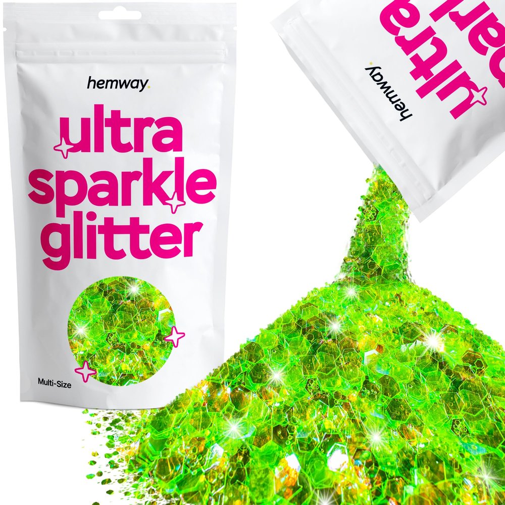 Hemway Ultra Sparkle Glitter - Fluorescent Green | 100g Multi Size Metallic Flakes for Resin & Epoxy Crafts | Supplies for Halloween Craft and Decorations, Autumn Decor, Masks, Art