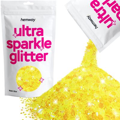 Hemway Ultra Sparkle Glitter - Fluorescent Yellow | 100g Multi Size Metallic Flakes for Resin & Epoxy Crafts | Supplies for Tumblers, Festival, Art, Decoration