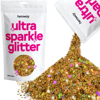 Hemway Ultra Sparkle Glitter - Gold Holographic | 100g Multi Size Metallic Flakes for Resin & Epoxy Crafts | Supplies for Tumblers, Festival, Art, Decoration