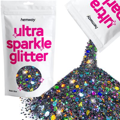 Hemway Ultra Sparkle Glitter - Gun Metal Grey Holographic | 100g Multi Size Metallic Flakes for Resin & Epoxy Crafts | Supplies for Tumblers, Festival, Art, Decoration