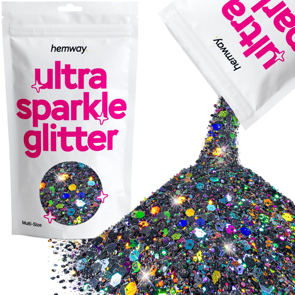 Hemway Ultra Sparkle Glitter - Gun Metal Grey Holographic | 100g Multi Size Metallic Flakes for Resin & Epoxy Crafts | Supplies for Tumblers, Festival, Art, Decoration