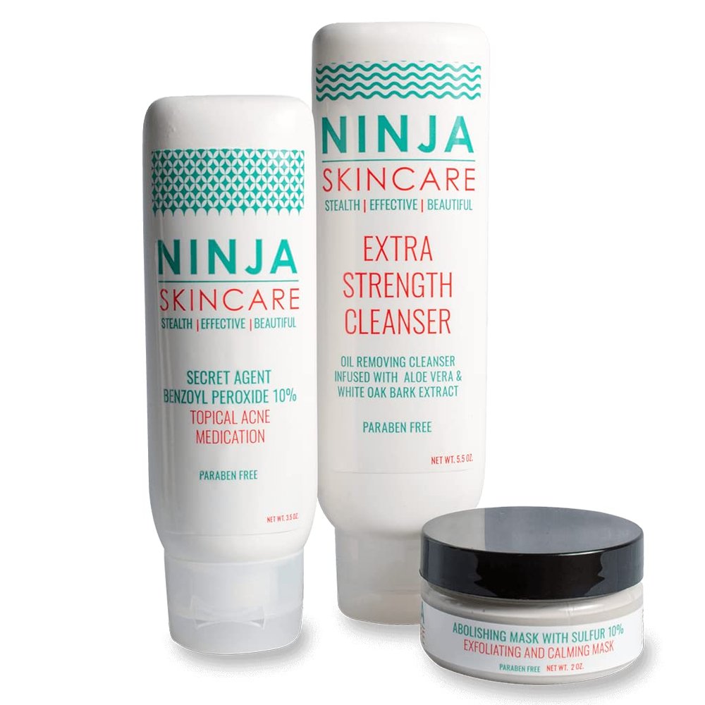 Extra Strength Oil Removing Cleanser with 10% Benzoyl Peroxide Topical Acne Medication and 10% Sulfur Exfoliating Mask-Starter Kit with Combination Skin Paraben Free
