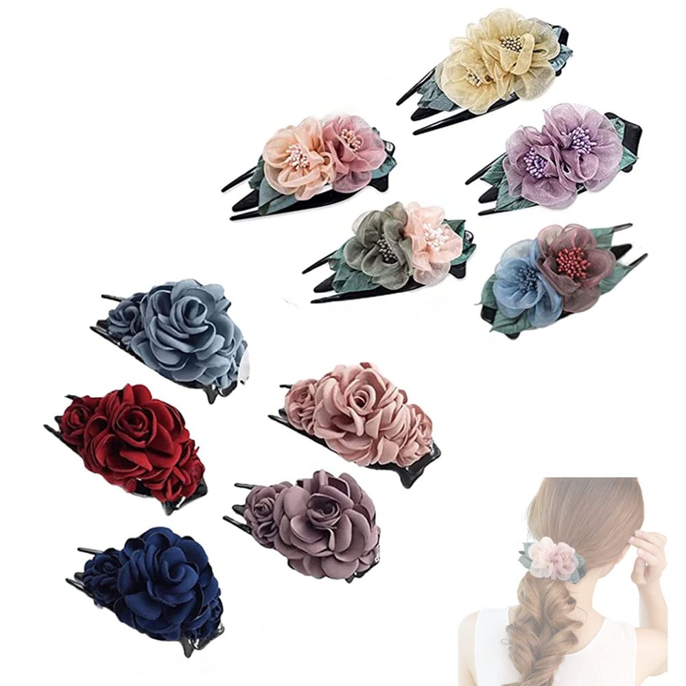 Silk Yarn Floral Fabric Hairpin Hair, 10PCS - Elegant Lady Plate Hair Claw, Duckbill Clip, Double Flower Hair Clips