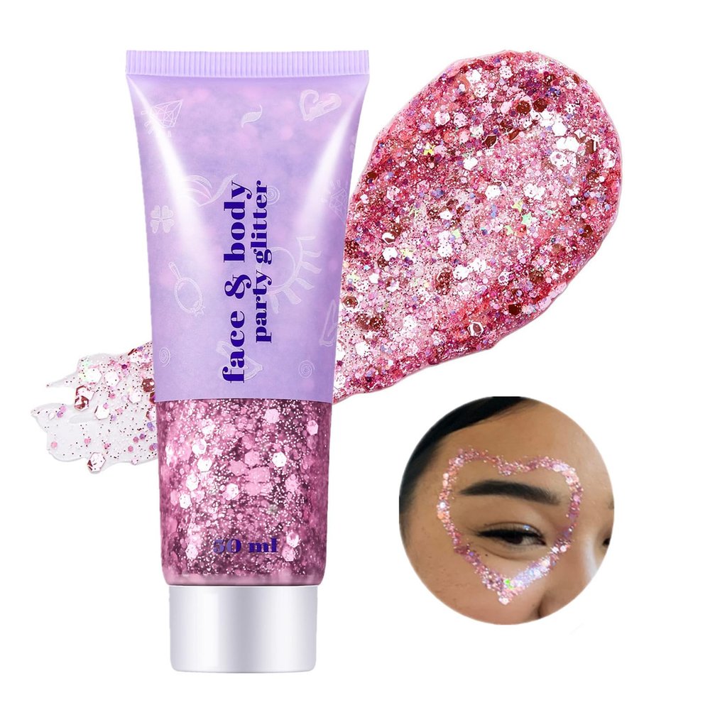 Go Ho Pink Face Body Glitter Gel,Singer Concerts Pink Face Paint Makeup Holographic Chunky Sequins Glitters for Lip/Hair/Nails,Music Disco Outfit for Woman,Festival Rave Accessories,52g