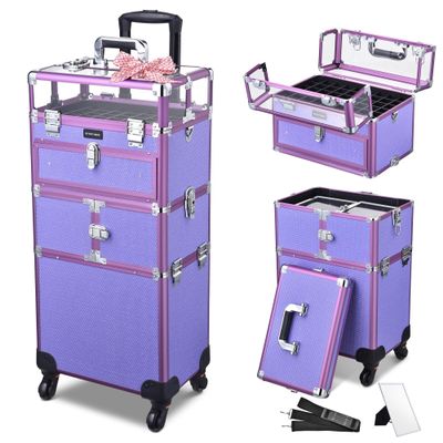 BYOOTIQUE 2in1 Nail Polish Organizer Rolling Makeup Train Case Manicure Cosmetic Trolley Travel Organizer Nail Case with Clear Lid Extendable Trays 4 removable wheels 54 Slots (Purple)