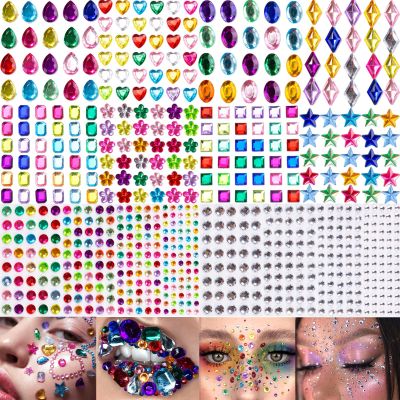 10 Sheets Face Gems Jewels for Makeup Self Adhesive Assorted Shapes Rhinestones for Christmas Crafts, Eye Body Gems Nail Art Festival Party Rave Accessories for Women