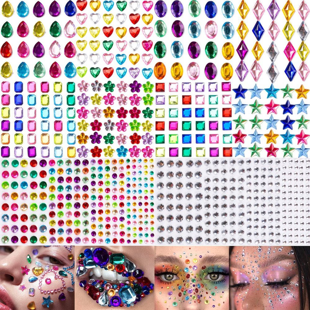 10 Sheets Face Gems Jewels for Makeup Self Adhesive Assorted Shapes Rhinestones for Christmas Crafts, Eye Body Gems Nail Art Festival Party Rave Accessories for Women