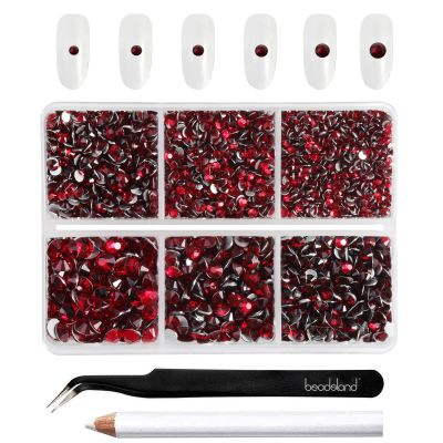 Beadsland 4300pcs Flatback Rhinestones,Dark Red Rhinestone Nail Gems Round Crystal Rhinestones for Crafts,Mixed 6 Sizes with Picking Tweezers and Wax Pencil Kit, SS6-SS20,Dark Siam