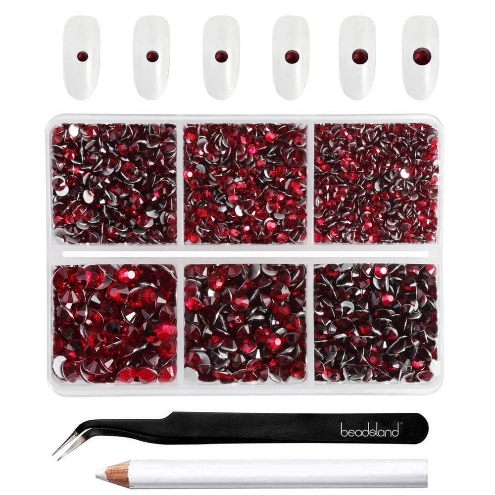 Beadsland 4300pcs Flatback Rhinestones,Dark Red Rhinestone Nail Gems Round Crystal Rhinestones for Crafts,Mixed 6 Sizes with Picking Tweezers and Wax Pencil Kit, SS6-SS20,Dark Siam