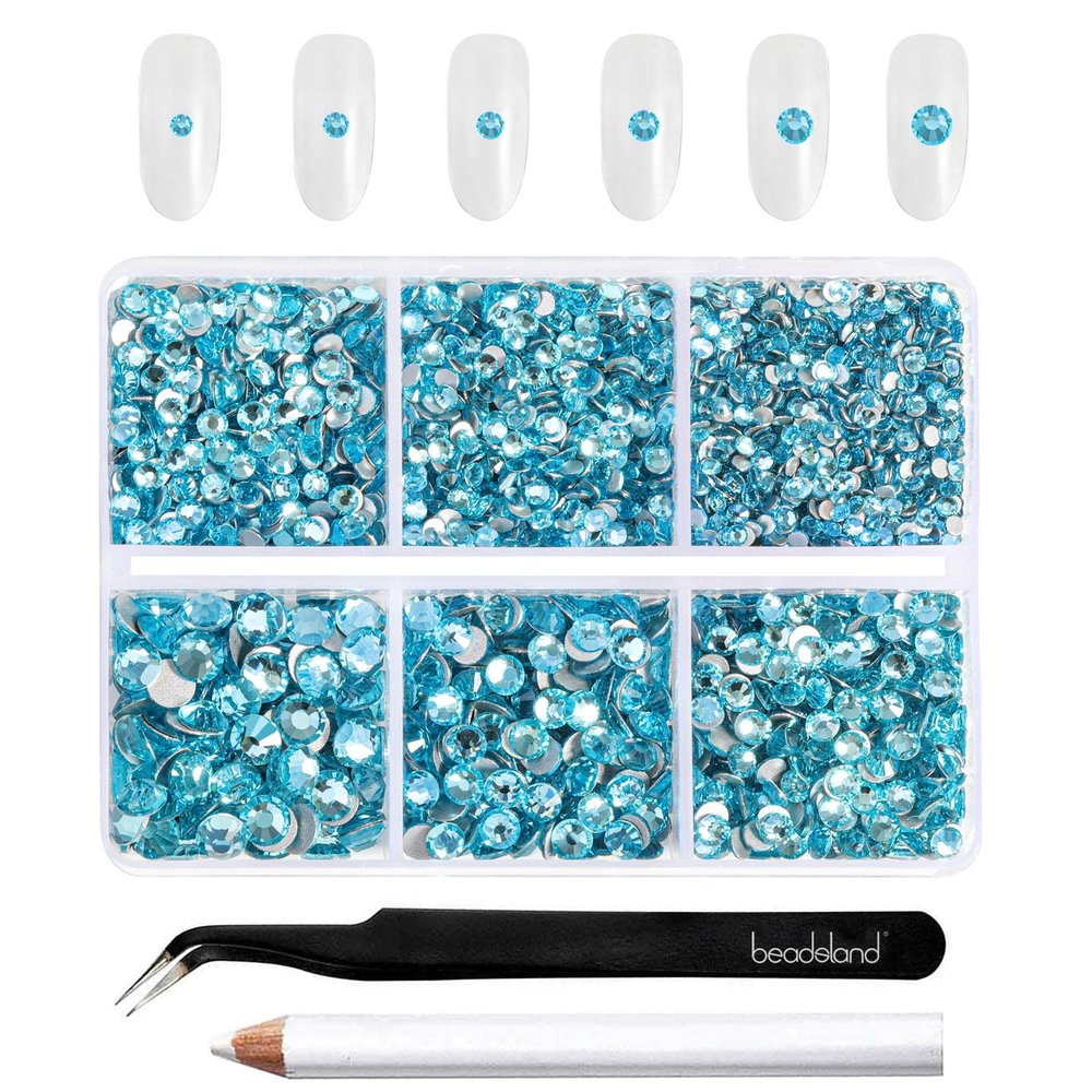 Beadsland 4300pcs Flatback Rhinestones,Blue Rhinestone Nail Gems Round Crystal Rhinestones for Crafts,Mixed 6 Sizes with Picking Tweezers and Wax Pencil Kit, SS6-SS20,Aquamarine