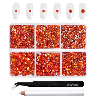 Beadsland 4300pcs Flatback Rhinestones,Orange Rhinestone Nail Gems Round Crystal Rhinestones for Crafts,Mixed 6 Sizes with Picking Tweezers and Wax Pencil Kit, SS6-SS20,Hyacinth/Orange