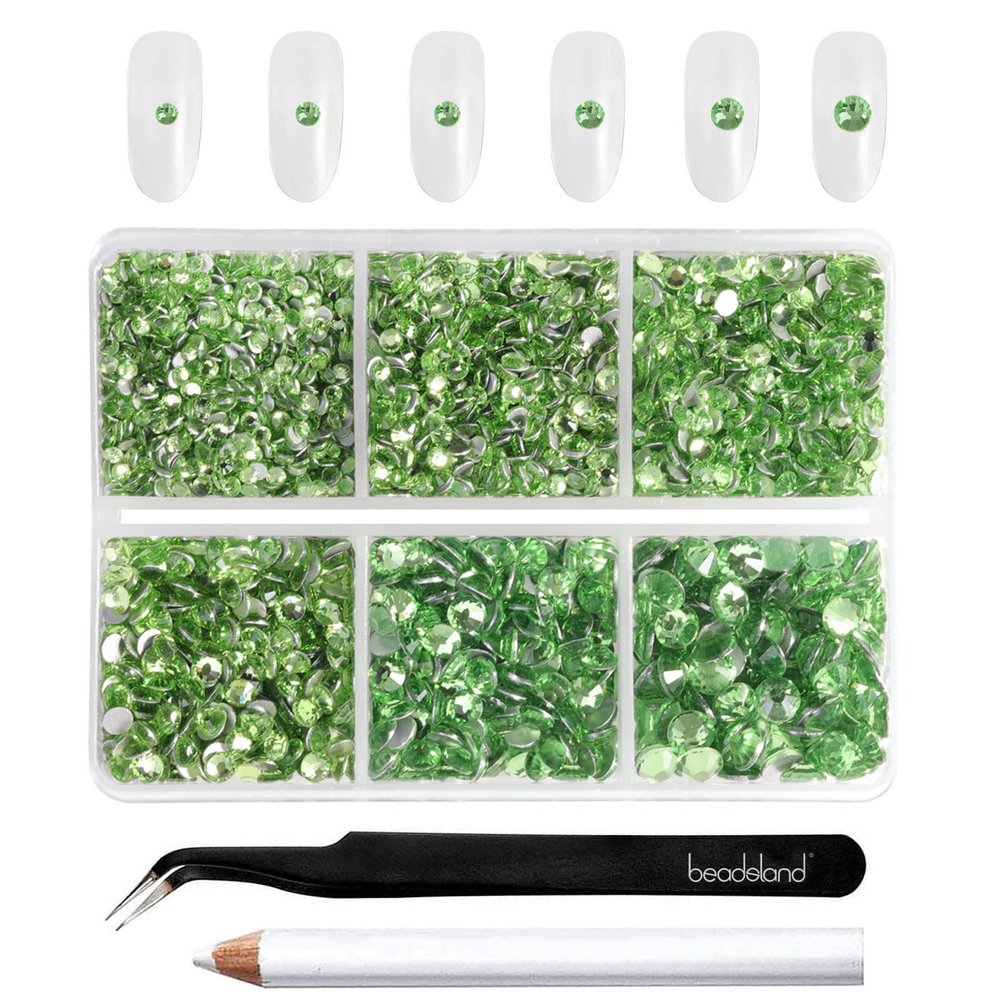 Beadsland 4300pcs Flatback Rhinestones, Light Green Nail Gems Round Crystal Rhinestones for Crafts, Mixed 6 Sizes with Picking Tweezers and Wax Pencil Kit, SS6-SS20, Peridot/Light Green