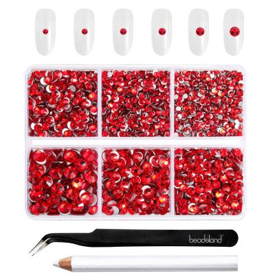 Beadsland 4300pcs Flatback Rhinestones,Light Red Rhinestone Nail Gems Round Crystal Rhinestones for Crafts,Mixed 6 Sizes with Picking Tweezers and Wax Pencil Kit, SS6-SS20,Light Siam