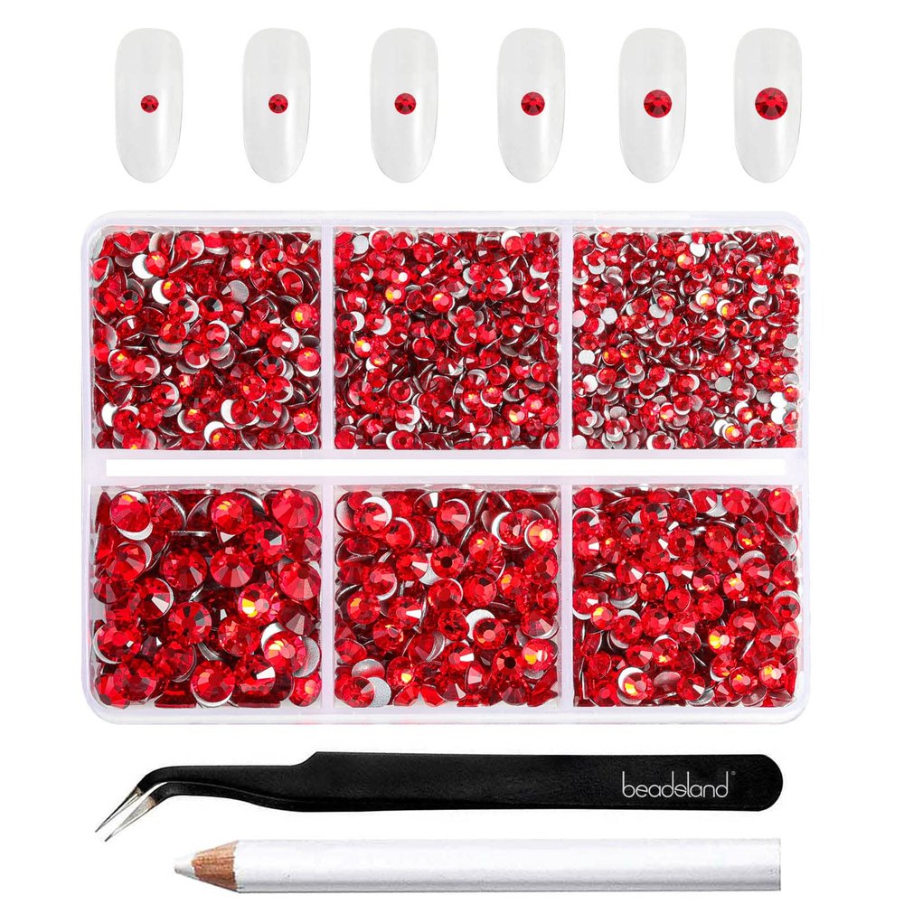 Beadsland 4300pcs Flatback Rhinestones,Light Red Rhinestone Nail Gems Round Crystal Rhinestones for Crafts,Mixed 6 Sizes with Picking Tweezers and Wax Pencil Kit, SS6-SS20,Light Siam