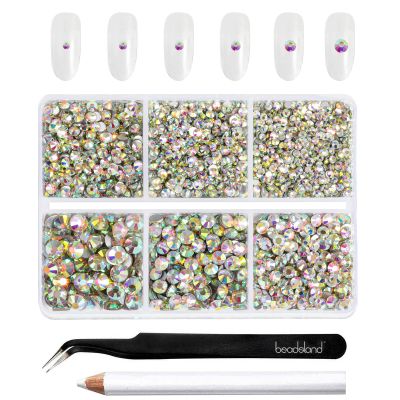 Beadsland 4300pcs Flatback Rhinestones,AB Crystal Rhinestone Nail Gems Round Crystal Rhinestones for Crafts,Mixed 6 Sizes with Picking Tweezers and Wax Pencil Kit, SS6-SS20,Crystal AB