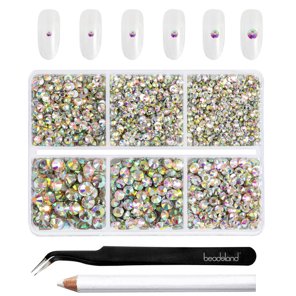 Beadsland 4300pcs Flatback Rhinestones,AB Crystal Rhinestone Nail Gems Round Crystal Rhinestones for Crafts,Mixed 6 Sizes with Picking Tweezers and Wax Pencil Kit, SS6-SS20,Crystal AB