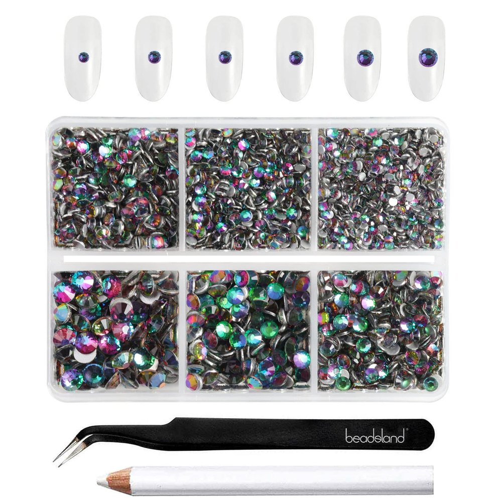 Beadsland 4300pcs Flatback Rhinestones,Green Rhinestones Nail Gems Round Crystal Rhinestones for Crafts,Mixed 6 Sizes with Picking Tweezers and Wax Pencil Kit, SS6-SS20,Green Volcano